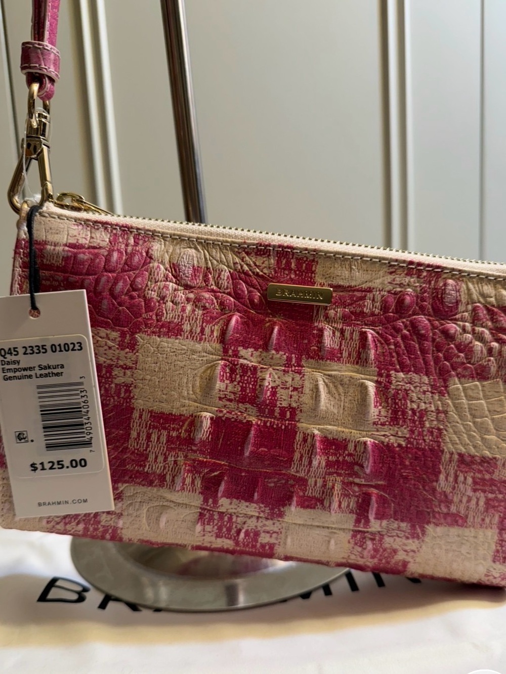 Brahmin Croc-Embossed Convertible Wristlet in Pink and Cream, BCA
